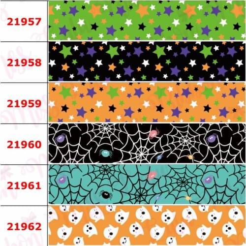16mm-75mm Halloween Series Colorful Star Web Candy Printed Grosgrain/Foe Ribbon Cartoon Pumpkin DIY Hair Bowknots 50yards/roll
