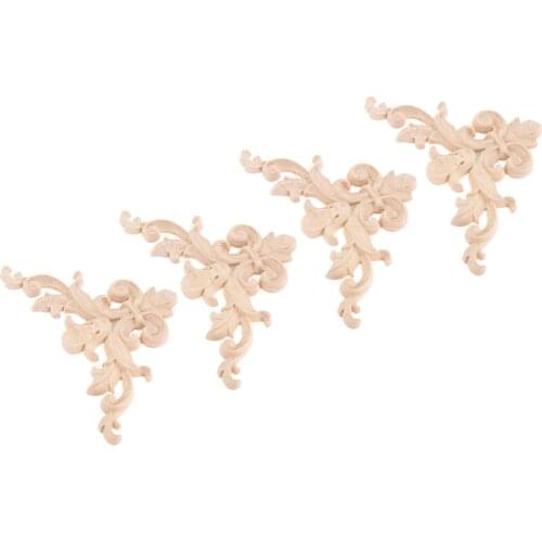 4Pcs 8.5cm Carving Natural Wood Appliques for Furniture Cabinet Unpainted Wooden Crafts Woodcarving Corner Decal Home Decorative