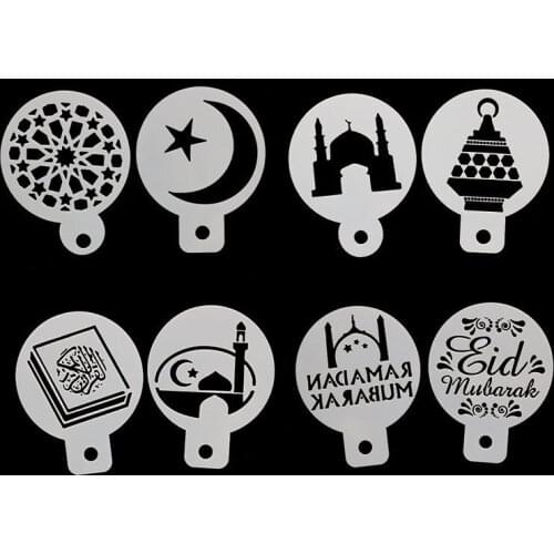 8pcs Eid Hajj Mubarak Cookies Stencil Coffee Cake Stencils Ramadan Decoration Cappuccino Template Strew Pad Baking Pastry Tools