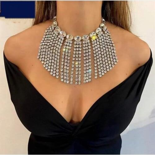 Fashion Full Rhinestone Tassel Chain Necklace Wedding Jewelry for Women Luxury Big Crystal Chunky Choker Collar Necklace Gifts