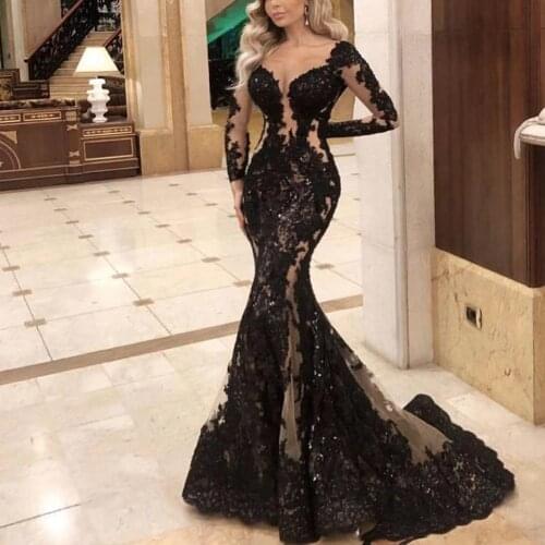Black prom dresses 2020 long sleeve beading sequins mermaid evening dresses formal dresses arabic shinning black dresses
