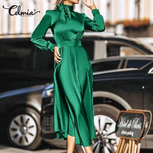 Elegant Women Satin Silk Long Dress Celmia 2021 Casual Wrap Kleid Maxi Sundress Long Sleeve Strappy Bow Tie Streetwear Vestidos