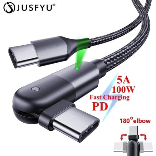 5A USB Type C To Type C PD Cable 100W 180 Degree Wire Fast Charging Cord Swivel Elbow Type C For Samsung Huawei Mate 20 Xiaomi
