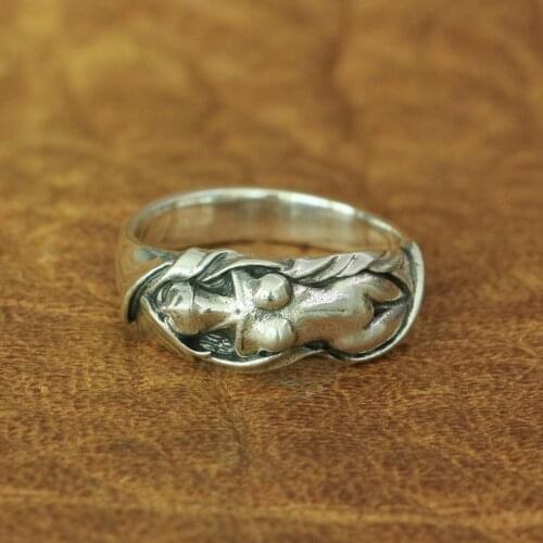 LINSION 925 Sterling Silver Sexy Naked Angel Ring Charms Biker Punk Ring TA162 US Size 7~15