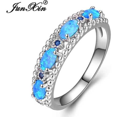 Boho Rainbow Green Blue Fire Opal Rings For Women White Gold CZ Oval Stone Wedding Bands Bridal Engagement Ring Jewelry