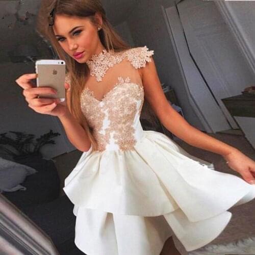 Chic Ivory Short Cocktail Dress See Through Lace Applique Mini Homecoming Dresses Zipper Short Prom Gown Robe de soiree Cheap