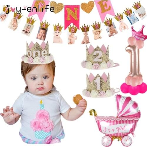1st Happy Birtyday Photo Banner 1 Year Old Crown Baby Boy girl 1 First Birthday Balloon Garland Baby Shower Party Supplies