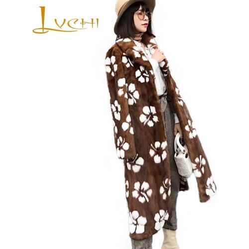 LVCHI Winter 2019 Real Fur Mink Coat Long Sleeve Print Natural Fur Causal Coat Womens Turn-Down Collar X-Long Slim Mink Coats