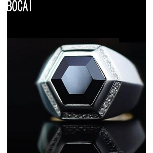 New fashion inlaid with black stone chamfered face hexagonal s925 sterling silver ring male, mens personalized ring mens ring
