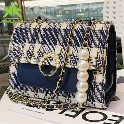 New PU Leather Pearl Chain Crossbody Bags Fashion Luxurious High Quality Handbags Simple Stripe Shoulder Bags Small Square Bags