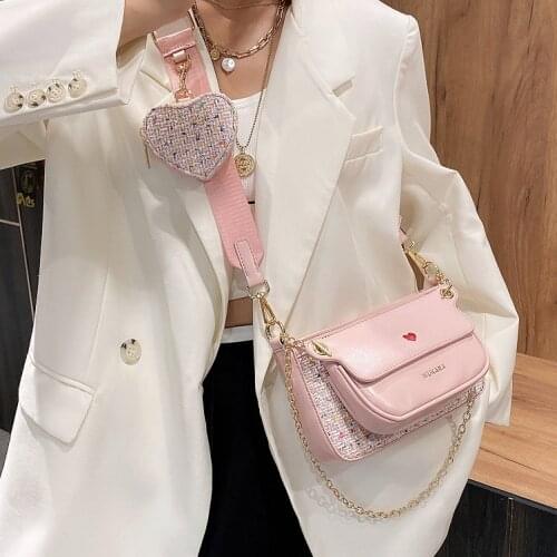 Luxury Heart Bag 2 Pcs/set Women Shoulder Bags Fashion Chain Wide Strap Crossbody Messenger Bags Purse Solid Color Women Bag New