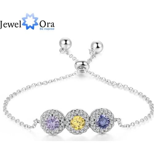 Luxury Personalized 3 Birthstone Bracelets & Bangles Round Clear CZ Cubic Zirconia Paved Bracelet Custom Jewelry Gift for Women