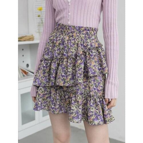 Chiffon Floral Mini Skirts Women 2021 Summer Irregular Cake Skirts Female Preppy Style High Waist Short Skirts Ins Sweet Cute