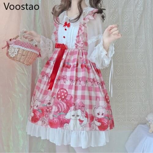 Japanese Sweet Lolita Jsk Dress Women Cute Cartoon Strawberry Rabbit Bear Print Sleeveless Dress Girl Kawaii Princess Dresses