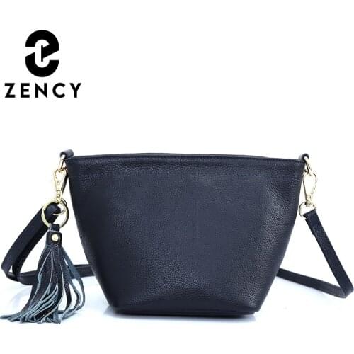 Zency 2021 Autumn Genuine Leather Fashion Tassel Small Women Crossbody Bag Simple Casual Retro Lady Shoulder Bags Bucket Female