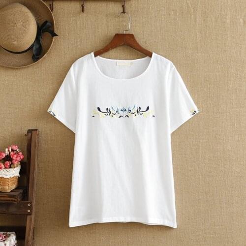 Plus Size Shirt Short Sleeves O-Neck Natural Cotton And Linen Fabric Embroider Flower Design Chinese Style For Fatlady In Summer