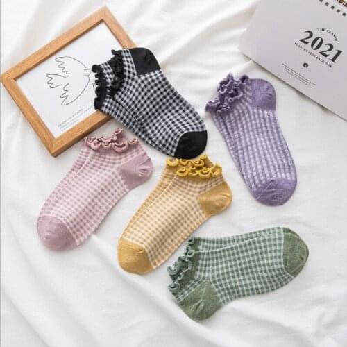 Socks Female Wood ear Boat Socks Small Lattice Ladies Cotton Socks Hyuna Style Korean Girl Cute Japanese Socks Youthful Vitality