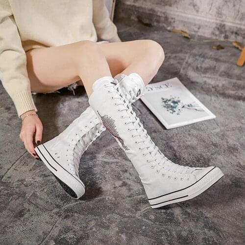 Women Knee High Boots Canvas Thick Bottom Ladies Shoes Zip Lace Up Rhinestone Height Increasing Female Motorcycle Boots Fashion