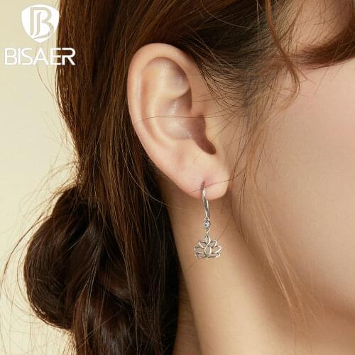 BISAER 2020 Elegant Lotus Earrings Real 925 Sterling Silver Long Flower Stud Earrings For Women Fashion Jewelry Making EFE451