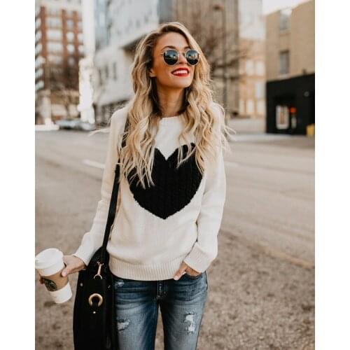 Sweater Women Round Collar Heart Print Pullovers Solid Stretch Top Knit Plus Size Minimalism Spring 2021 Fall Clothes