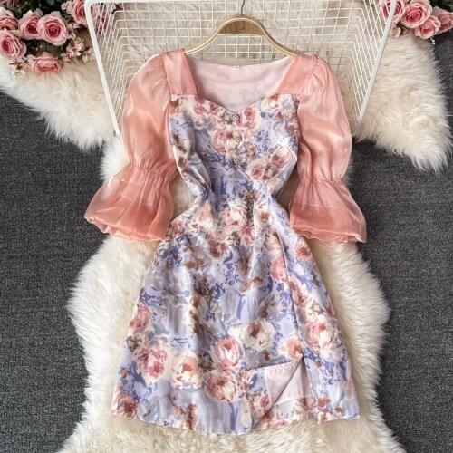 French style retro skirt womens 2021 summer new small square neck trumpet sleeve printed chiffon dress