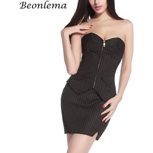 BENOLEMA Black Corset Skirt Mistress Striped Korse 6XL Plus Size Women Zipper Corset Set Skirt Hot Ladies Overbust Bustier Sexy