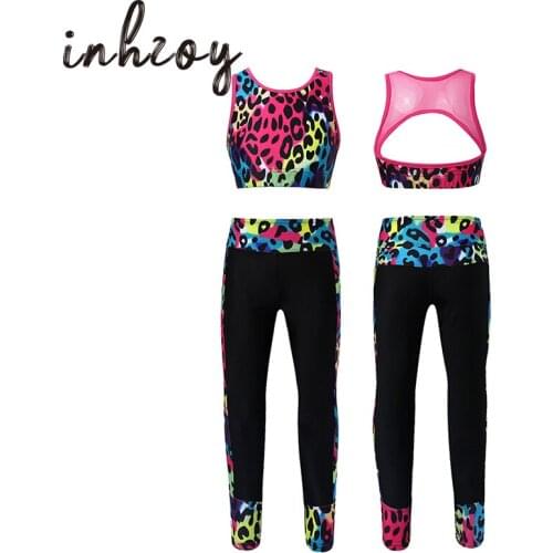 Kids Dancewear Digital Print Sleeveless Mesh Crop Tops Leggings Pants Sets Fitness Gymnastics Suit Children Girls Ballet Costume