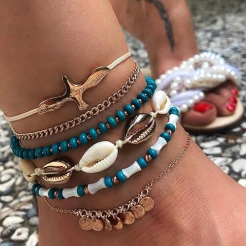 HI MAN 6Pcs/Set Hip-Hop Rock Mixed Acrylic Beaded Seagull Shell Small Circle Anklet Women Classic Creative Beach Jewelry