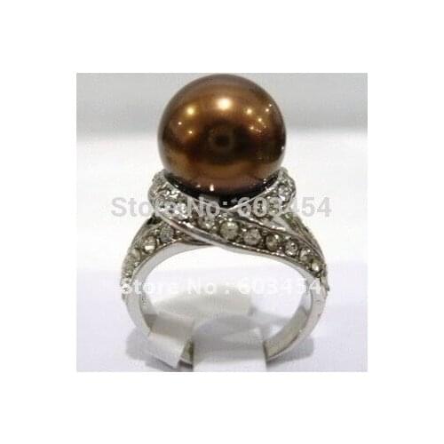 GOOD SHIPPING>>>@@ 12mm Chocolate Pearl silver Crystal Ring size6.7.8.9.10 / GOOD Shiping 1Pcs