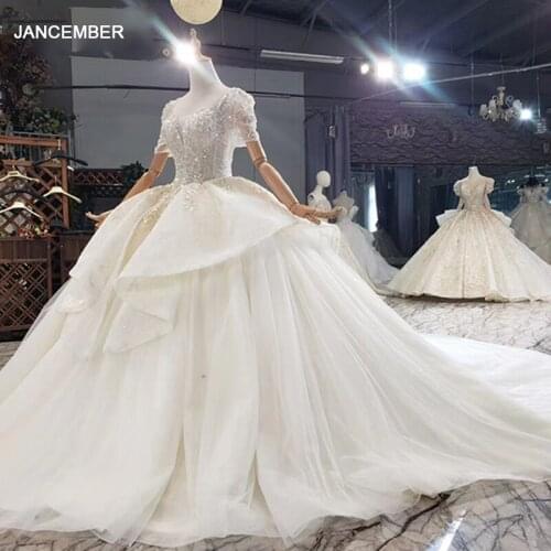 HTL1706 Square Collar Lace Up Back Crystal Sequined Pearls On Upper Body Wedding Dress 2020 Short Sleeve платье свадьба