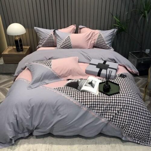 2020 Luxury Egypt Cotton Sanding houndstooth Bedding Set Embroidery Duvet Cover Bed Sheet Pillowcases Queen King Size 4Pcs