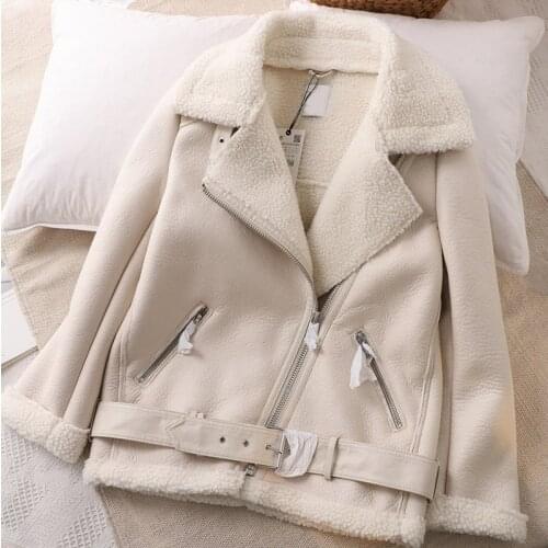 Autumn Winter Women Thick Warm PU Faux Leather Jacket Coat Solid Sashes Zipper Oversized Casual loose Lamb Outwear Female Tops