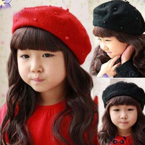 Lovely pearl beret wool painter cap knitted cap baby girls Winter warm beret hat for 2-6 yrs kids