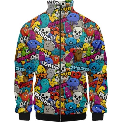OGKB 3d Mens Stand Collar Jacket Cartoon Element Casual Anime Graffiti Coat 3d Print Hip Hop Street Style Streetwear Oversized