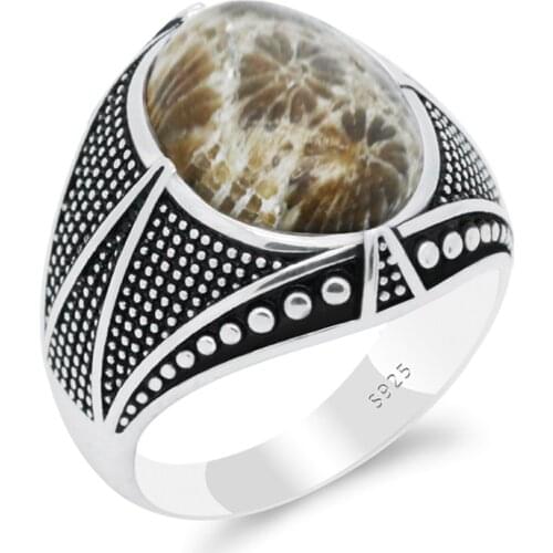 925 Sterling Silver Rings for Men Women with Coral Stone Natural Gemstone Jewelry Man Ring Vintage Turkish Thai Silver Fine