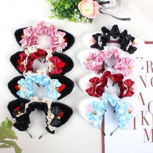 Anime Lolita Cosplay Animal Headband Cute Plush Cat Ears Ruffled Lace Ribbon Bowknot Bell Hair Hoop Masquerade Headpiece
