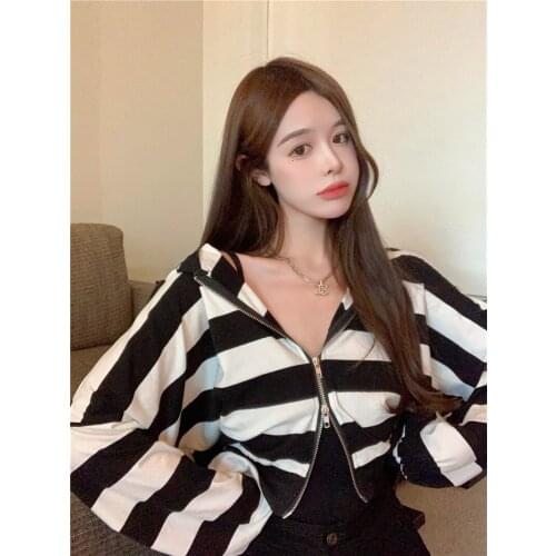 Autumn Korean style striped women loose zipper cardigan jacket