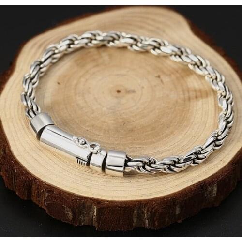 100% 925 Sterling Silver Rope Twisted Bracelet for Punk Fashion Male Vintage Thai Silver Bracelet Bangle Mens Handmade Jewelry