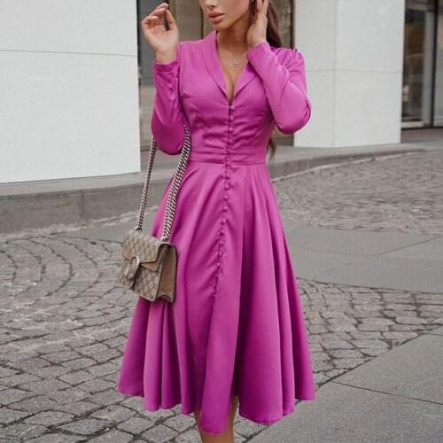 Sexy Deep V Neck Solid Party Dress Elegant Button Slim Waist A-Line Dress Autumn Office Lady Long Sleeve Pleated Fashion Dresses