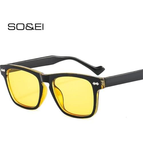 SO&EI Fashion Clear Ocean Lens Women Sunglasses Vintage Rivets Square Yellow Blue Eyewear Men Trending Shades UV400 Sun Glasses