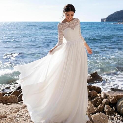 UZN Chic Princess Lace And Chiffon Beach Wedding Dress Ivory Scoop Neck Open Back Bridal Gowns Customized