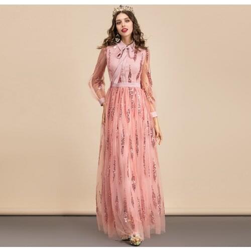 Party Maxi Christmas Runway Fashion Long Sleeve Luxury Bow Sequined Embroidery Mesh See-Through Elegant Dress