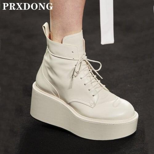 New Fashion Genuine Cow Leather Women Ankle Boots Wedges High Heels Thcik Platform Black Beige Punk Dress Casual Martin Boots 39