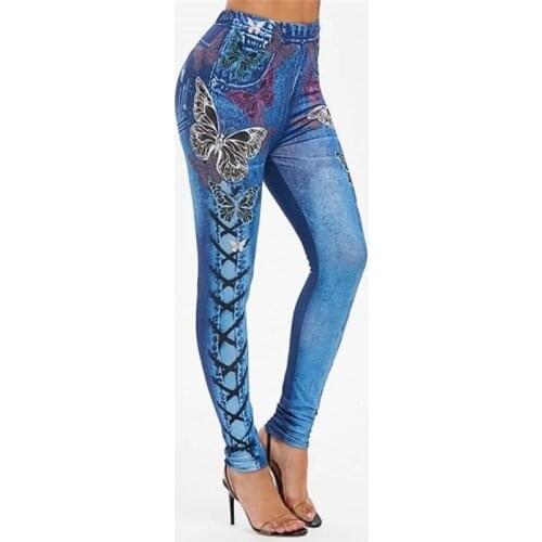 Creative Print Women Leggings Slim Butterfly Faux Denim Jeans Pencil Leggings Plus Size S-5XL Casual Ladies Fitness Leggings
