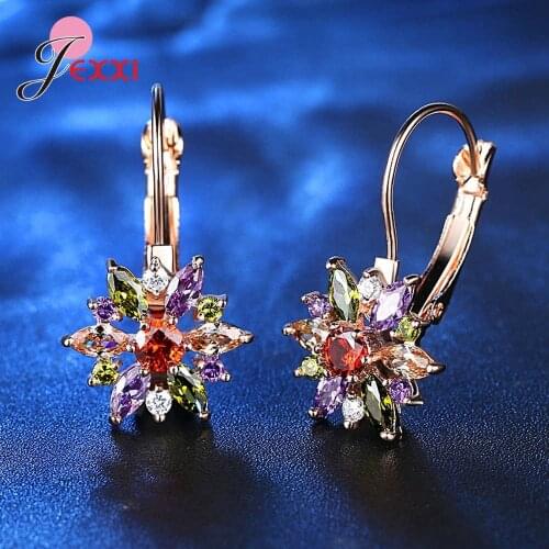 Colorful Flower Shape CZ Hoop Earrings Rose Gold-color Fashion Hypoallergenic 925 Silver Jewelry Earrings for Women