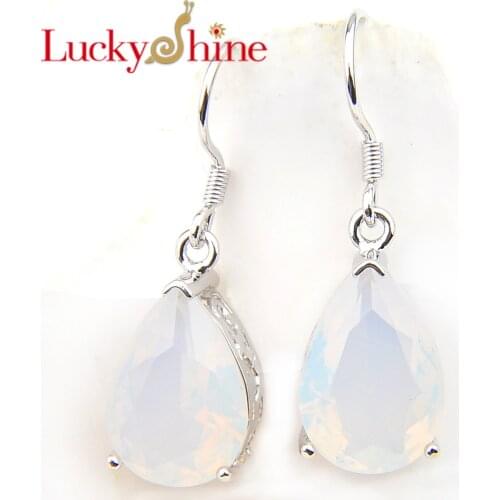 Luckyshine Weddings Jewelry Earring Water Drop White Moonstone Silver Plated Women Hook Earrings Russia usa Holiday Gift