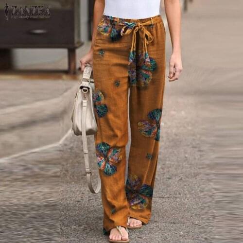 ZANZEA Casual Elastic Waist Long Palazzo Women Vintage Floral Printed Trousers Autumn Harem Pants Retro Drawstring Pantalon 2021