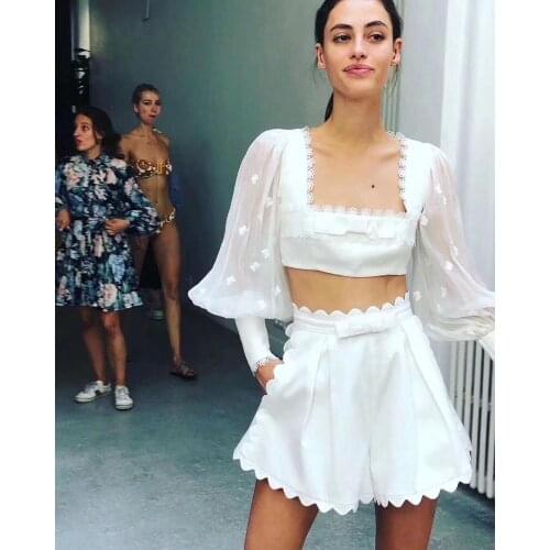 Sexyboutique New Fashion Women White Patchwork Lantern Sleeve Top & Mini Skirt 2 Two Piece Set Celebrity Party Club Set