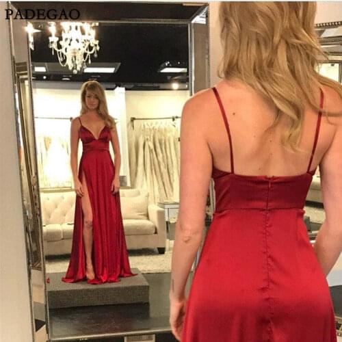 New Simple Red Evening Dresses A-Line Spaghetti Strap V-Neck Long Party Dress Floor Length Side Split Pleat Evening Dress