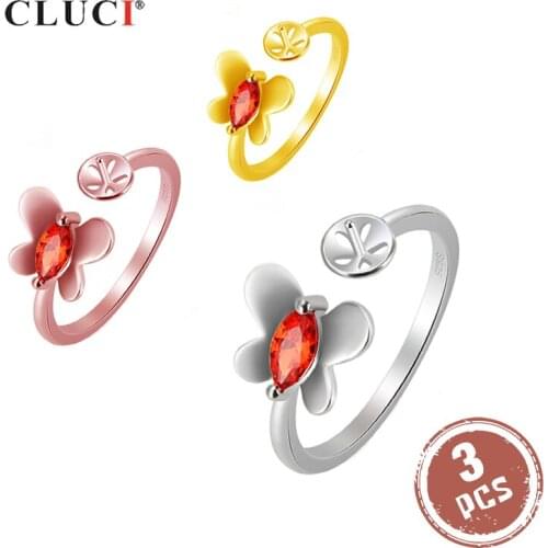 CLUCI 3pcs Red Zircon Ring Silver 925 Women Adjustable Pearl Ring Mounting 925 Sterling Silver Open Butterfly Rings SR2106SB